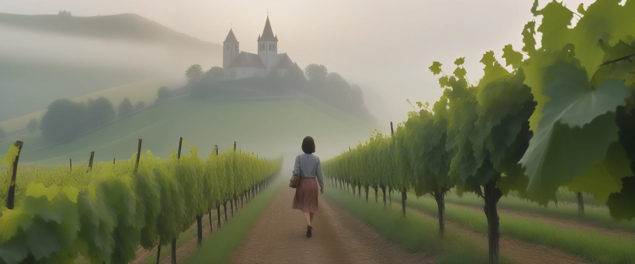 Woman in a beautiful landscape 8K highest quality, Beautiful 36-year-old Korean woman, Chest size 34 inches, Passing through the vineyards in the Swiss countryside, the cathedral is visible through the early morning fog., The back background is realistic and vivid image quality, short medium hair, Casual and British - (summer jacket) ,Perfect and realistic photos, The background is realistic. Full body shot with Canon camera 16-35 wide angle lens, expressionless, Walking up a vineyard hill covered in thick fog., Walking towards the front camera