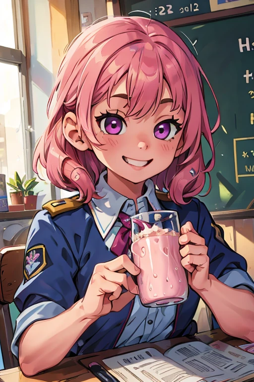 One girl. Perfect face. Perfect hands. A pink haired girl with violet eyes wearing a navy uniform is drinking milk at school desk with a big smile