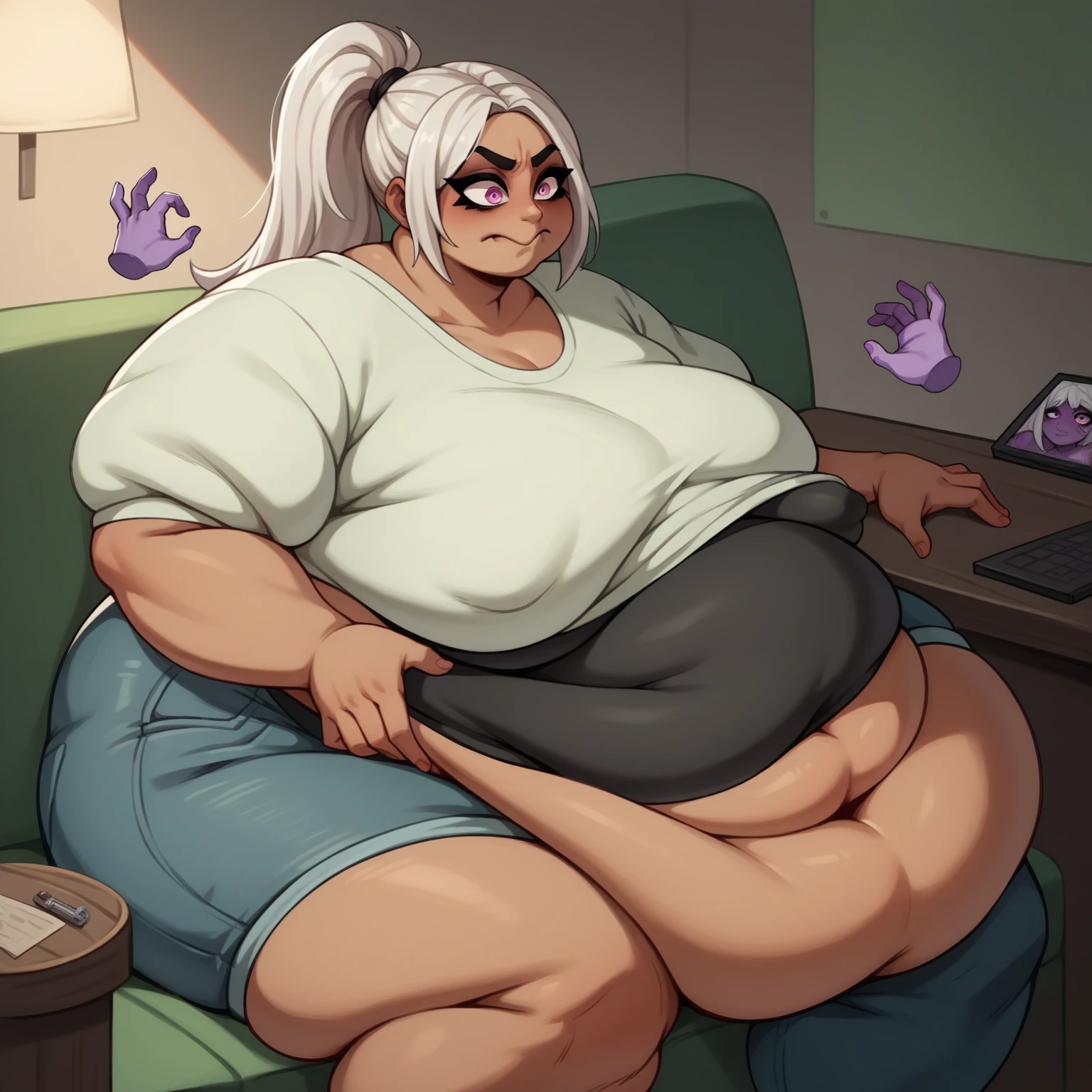 Violet skin all over, small nipples, Thicc, extremely morbidly obese, white hair ((wearing)), white tanktop, black shorts, struggling frown of effort, voluptuous man, feminine boy, femboy, perfect hands, perfect face, smile, (anatomically correct), (Perfect/ realistic proportions:1.2), (overwhelmingly fat arms, obese face), arm up, ((extremely widest hips possible!)), ((extremely massive thick thighs, morbidly large belly), belly overhang!)), (1080P, 4k UHD, Masterpiece:2.1!) ((single)), background: tilted towers_fortnite