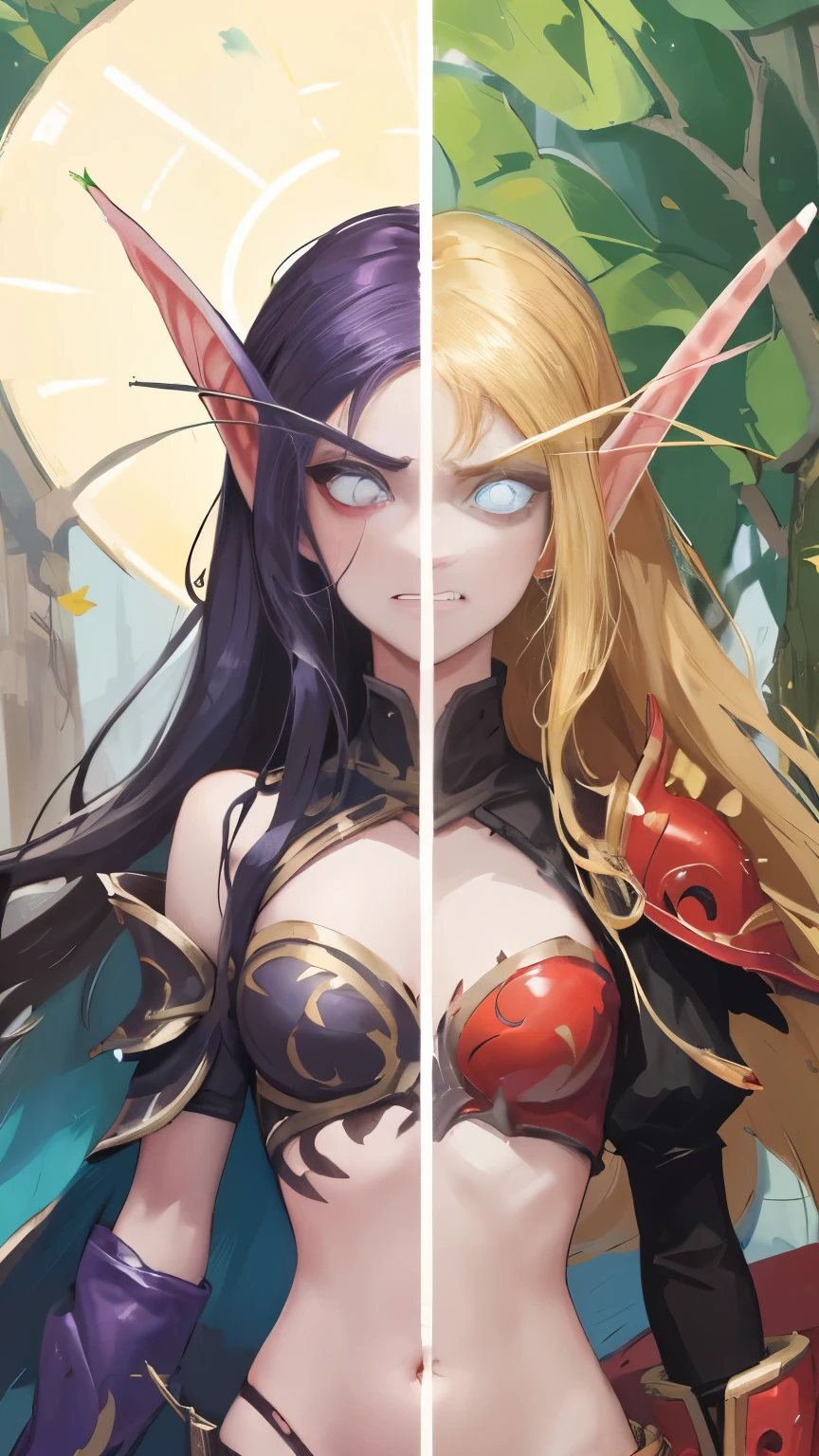 (Masterpiece, highly detailed, highly quality, highly resolutions), SplitScreen, split screen, BREAK nightelf, angry, clenched teeth, glowing eyes, blue eyes, Purple Hair, colored skin, mature female, purple midriff, navel, purple spike shoulder pad, platinum trim, green leaves, jewelry, looking at viewer, forest, night, bare shoulders, spring season, SplitScreen, split screen, BREAK bldelf, angry, clenched teeth, glowing eyes, yellow eyes, Blonde hair, colored sclera, mature female, red short shirt, navel, red shoulder pad, gold trim, yellow leaves, jewelry, looking at viewer, forest, day, bare shoulders, Fall season