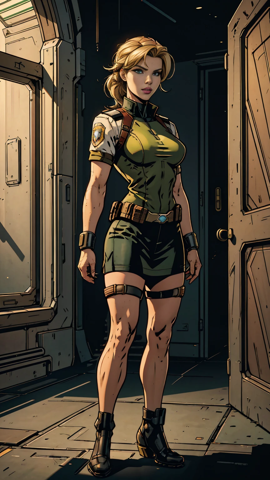 ((Full body photo, standing, feet on the ground)) Best quality, Masterpiece, eyes reflection, Best quality, Masterpiece, The Eye of Mercy Reflex, Alone, In Starkta, Perfect body, Blonde, Overwatch mercy style hairstyle, OW uniform, Green eyes, Two arms, Hold your signature weapon, Low-cut uniform, utility belt, Alone, Command Room, 8K, Masterpiece, A high resolution, absurderes, natural volumetric lighting and best shadows, Deep depth of field, Sharp focus, Naughty face, Super delicious, Medium breasts