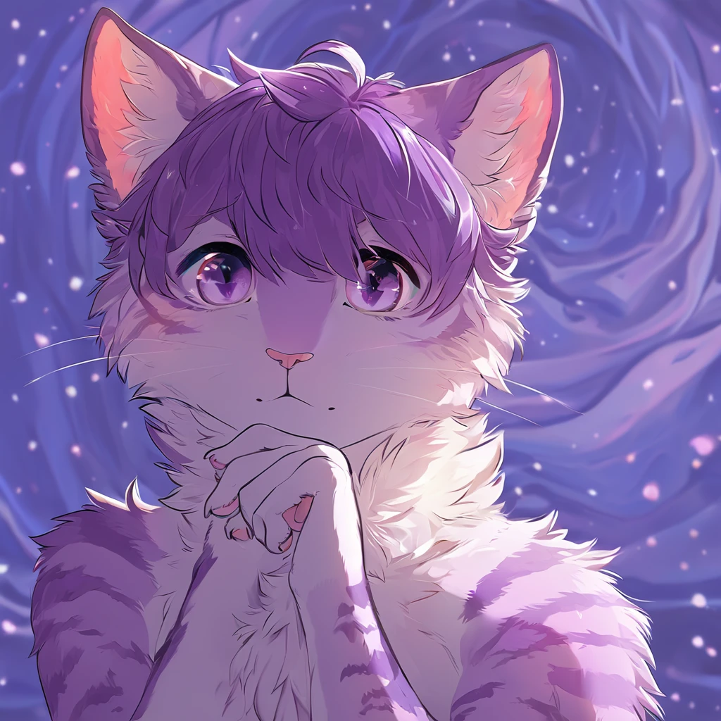 adult, feline, mammal, anthro, anthropomorphic, cat, striped, fur, striped_feline, fur, male, light_purple_fur, purple_hair, fluffy, white_chest, shy, small_pupils, digital_art, high_resolution, high_res, detailed, hand-drawn, pencil_lines, head_visible, background, neck_visible, seductive_face, detailed_line_work, profile_picture, head_visible, neptune_background, purple_background, cute, white, posing, paw_fingers, individual_fingers, finger_paws, dreaming_pose, headshot, head_only, small_pupils, seductive_face, tufts, paws, chest, glossy_fur, vibrant_colors, expressive_eyes, elegant_pose, high_quality, looking_at_viewer, daydreaming_expression, thoughtful_pose, relaxed_hand_pose