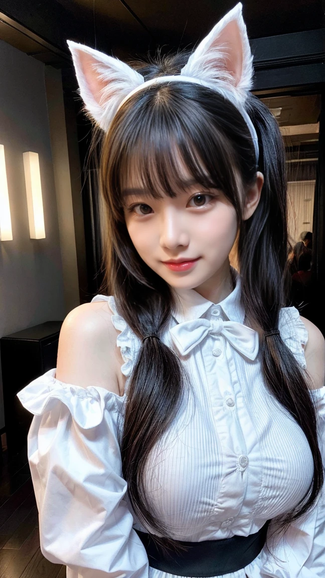 最high quality, masterpiece, 32k、Very detailed、Realistic、1 Girl, Japanese women、Rotate your hips and strike a pose、A sloppy smile、Cute face, (photo Actual:1.3),Twin tail hairstyle、Black Hair、Edge lighting, (Skin with attention to detail:1.2), 8K超High resolution, Single-lens reflex camera, high quality, High resolution, 4K, 8K, Optimal ratio of four fingers to one thumb, (Actual:1.3), cute 1 Girl, Realistic、Super Realistic、32k、Very detailed、masterpiece, 最high quality, beautiful girl, beauty、Gorgeous girl, Big Breasts,Big Ass, Tight waist, Spread your legs, Plenty of facial detail, Cute white gothic lolita outfit、Cosplayers、A light blue shiny cat ear headband, Photo studio, Very detailedな, High resolution, masterpiece, high quality, High resolution,