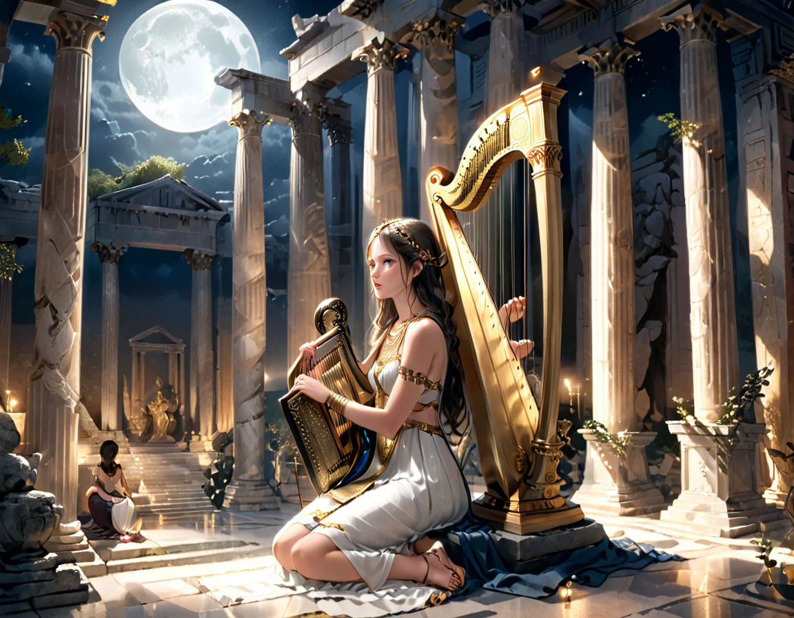 a young priestess, sitting, she places a harp larger than herself in front of him and plays it, playing a large lyre, ancient Greek temple, late at night, inside the temple it is (dark:1.3) and there is (no lighting:1.2), the moonlight shines in at an angle, shining a faint light on her., highly detailed, photorealistic, realistic lighting, intricate architecture, ornate decorations, cool color palette, golden accents, soft fabric textures, mesmerizing expression, elegant pose, cinematic composition, natural lighting, realistic shadows, mystical atmosphere, hyperrealistic, award-winning art