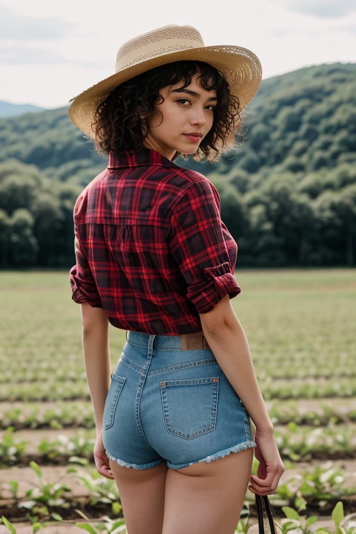 Full body show, photo view, view from behind, photo taken in a farm field, with your back to the viewer , Zendaya, short curly hair, perfect ass, realisitic, detaileds, in a cowboy hat posing, wearing a short open red lumberjack shirt with a low neckline and short jean shorts , 8k hd, dslr, soft lighting, high quality of image, Film grain, Fujifilm XT3