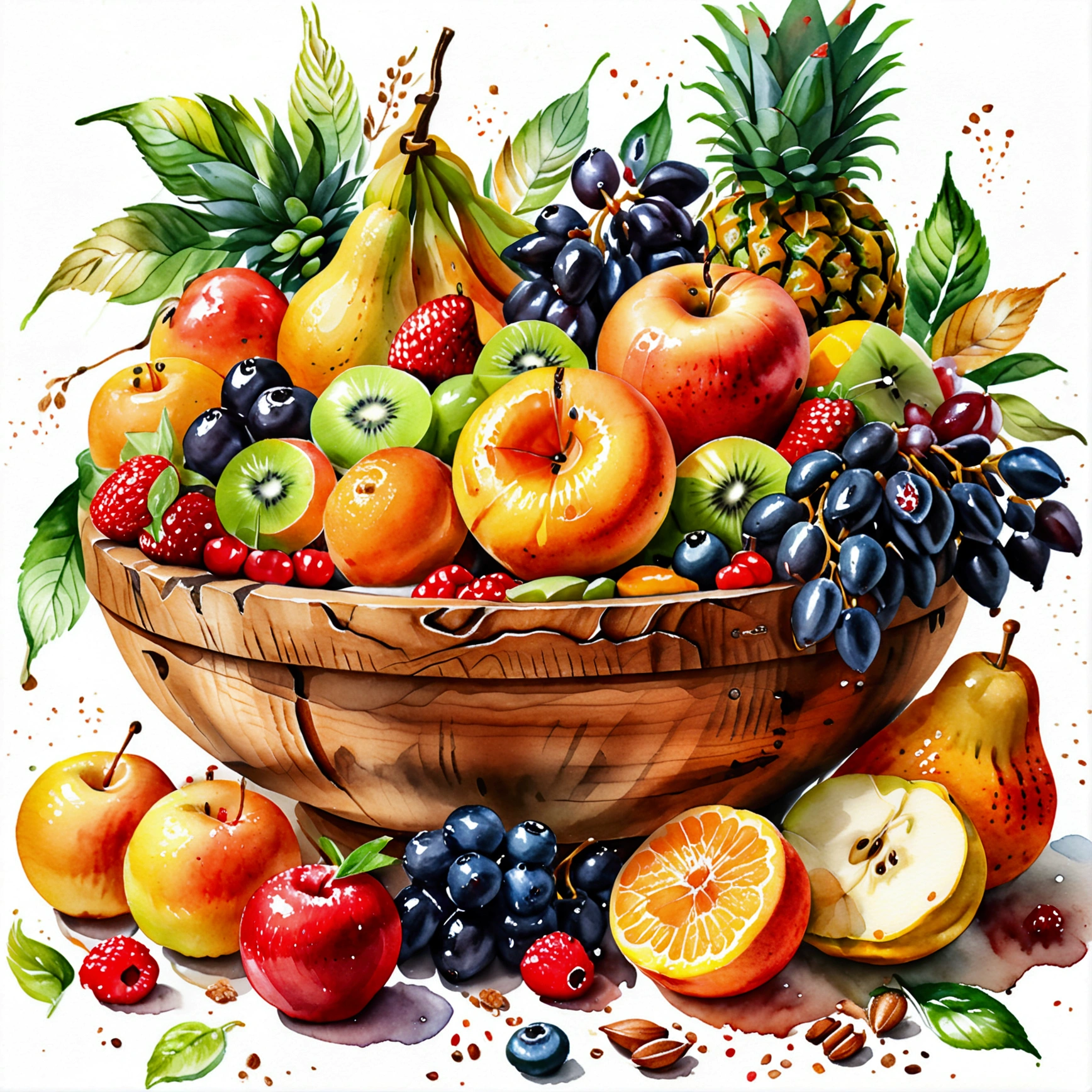 a wooden bowl full of fruit , illustration, baking ingredients, isolated with solid white background, surrounded with negative space, centered composition, 8k, highest detailed painting, very precise painting, Isolated, clear solid white background, perspective angle of view, cartoon style, ((watercolor:1)), clip art, (lora:add-detail-xl:1), (masterpiece), (best quality), no bread on the floor,