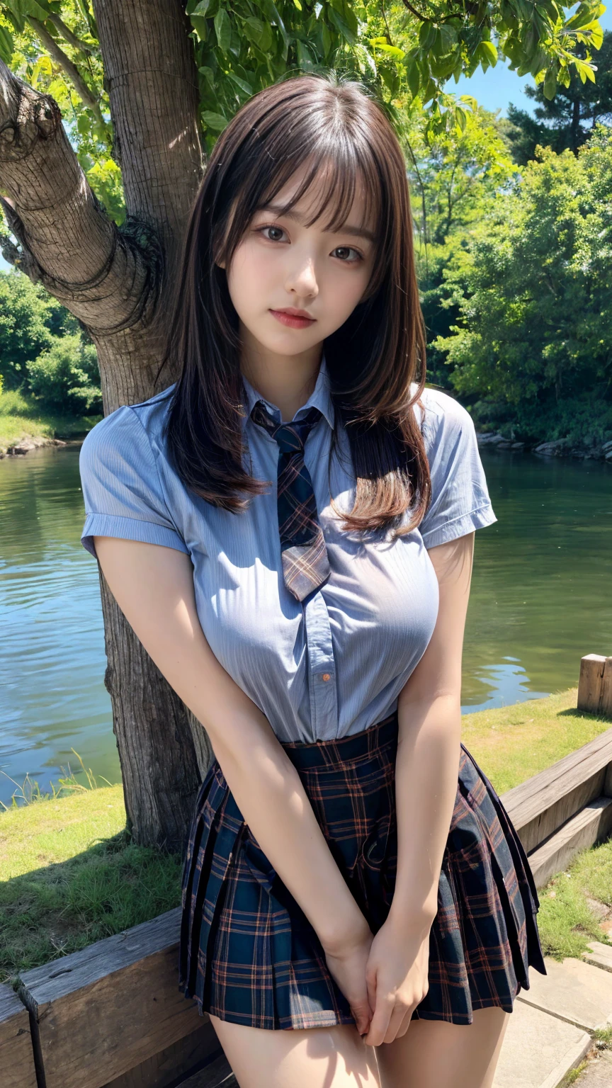 (absurdres:1.3), (highres:1.3), (ultra detailed:1.3),(1girl:1.3), (extremely detailed CG unity 8k wallpaper:1.3), (detailed skin texture, detailed cloth texture, detailed hair texture), (beautiful detailed face, supermodel, pale skin, realistic glistening skin), (RAW photo, best quality), (realistic, photo-realistic:1.4), masterpiece, extremely delicate and beautiful,Amazing, finely detail, extremely detailed CG unity 8k wallpaper, huge filesize, ultra-detailed, highres, absurdres, soft light,rim light, vibrant details, hotel room, straight hair, large breasts, black hair color, Big Natural Color Lip, (perfect body shape), beautiful legs, 20 years old, Beauty、Well-formed face、Make your eyes even、Large sagging eyes、Beautiful black hair、Has bangedium build、Well-balanced proportions、Arms wrapped around his back, hands tie behind back, Tartan plaid pleated skirt、Blue Short Sleeve Blouse、Beautiful scenery、(front view:1.3), Leaning against a large tree on the shore of a beautiful lake、