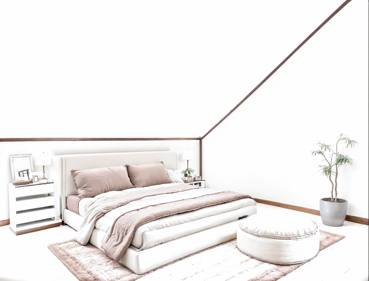 luxury bedroom interior design, a bedroom with bed,mattress, rug, potted plant, pillow, bench, wood floor, , picture frame, day, 8k uhd, dslr, soft lighting, high quality, film grain, Fujifilm XT3