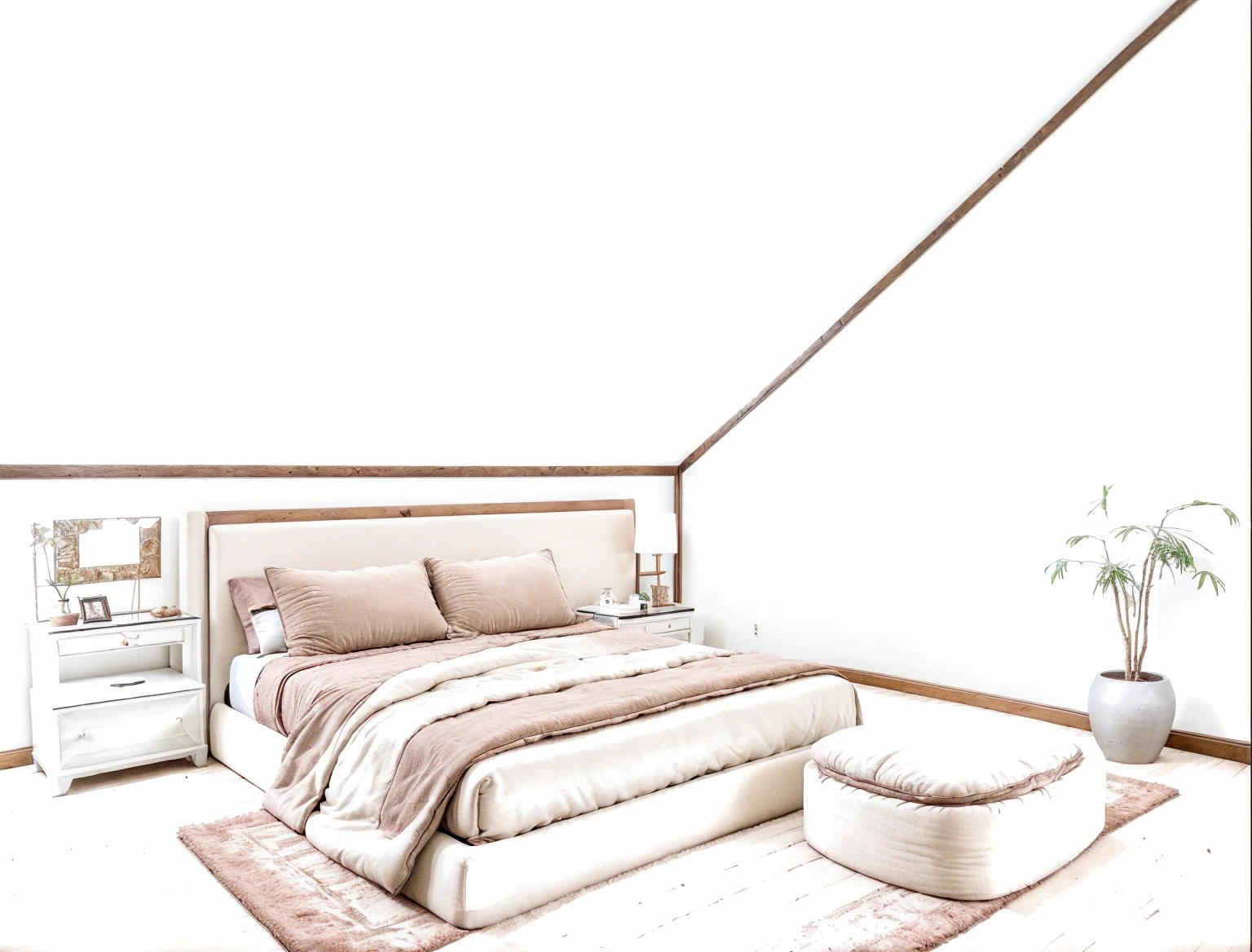 luxury bedroom interior design, a bedroom with bed,mattress, rug, potted plant, pillow, bench, wood floor, , picture frame, day, 8k uhd, dslr, soft lighting, high quality, film grain, Fujifilm XT3