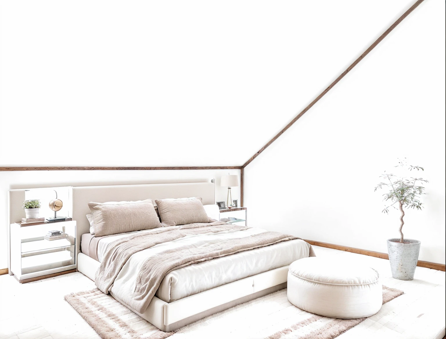 luxury bedroom interior design, a bedroom with bed,mattress, rug, potted plant, pillow, bench, wood floor, , picture frame, day, 8k uhd, dslr, soft lighting, high quality, film grain, Fujifilm XT3