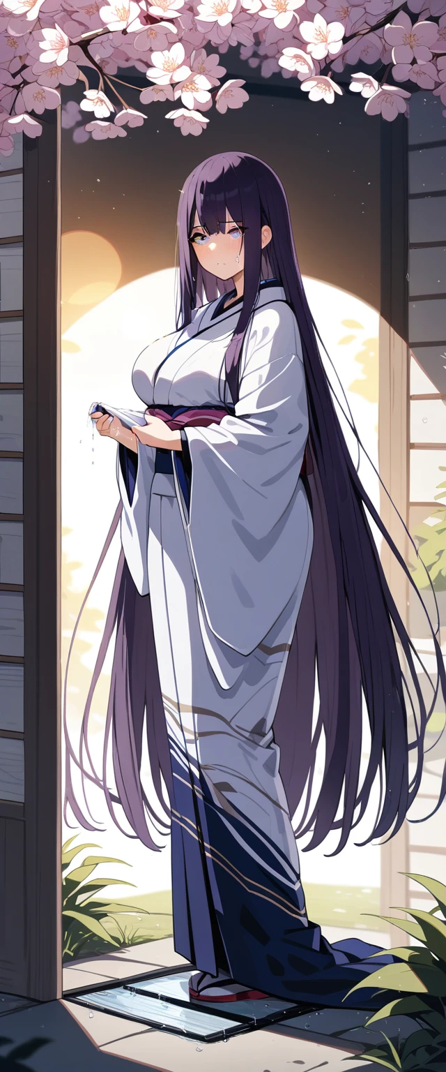 (masterpiece:1.37), best quality, (extremely detailed:1.37), (1girl:1.5), woman, (mature:1.5), (adult:1.5), large breasts, very long hair, (straight hair:1.5), (very dark purple hair:1.5), purple eyes, (extremely detailed eyes:1.37), (furisode:2.0), desperation, (wetting self:2.0), standing, embarrassed, humiliation, blushing, angry, cherry blossoms, garden, (golden hour:1.5), full body