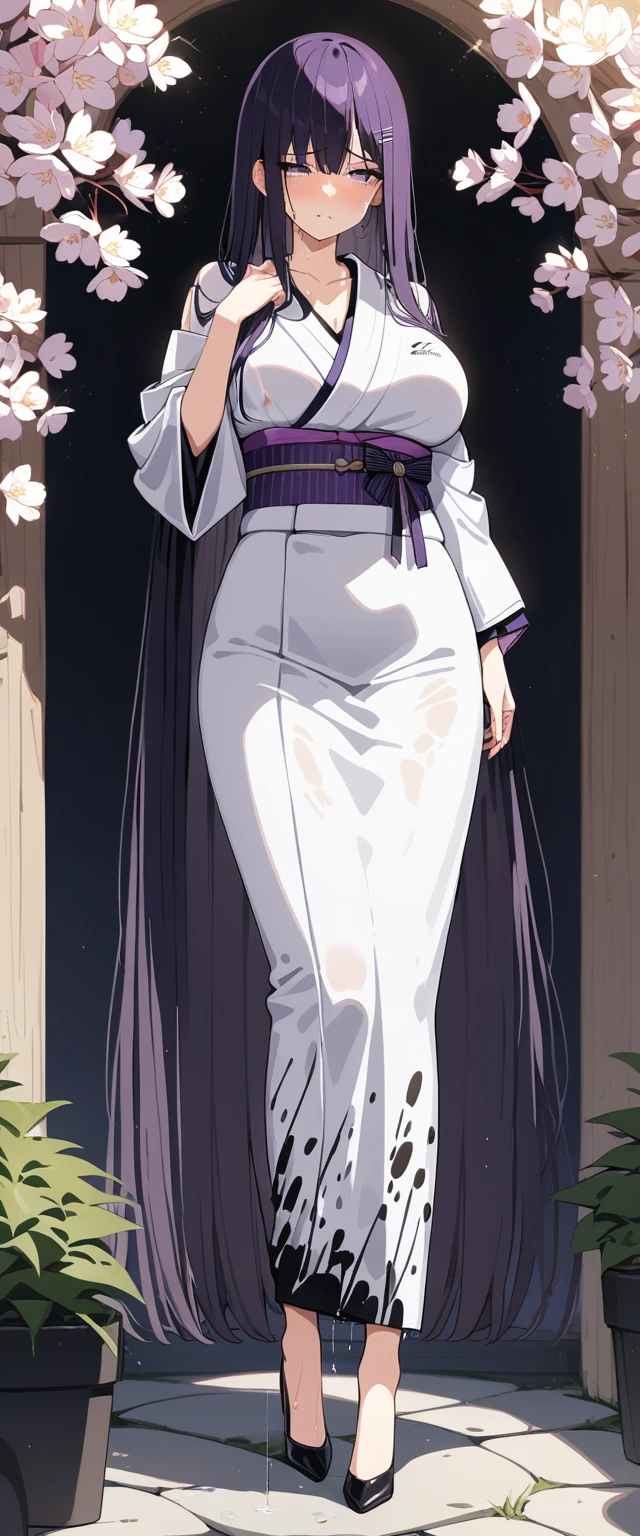 (masterpiece:1.37), best quality, (extremely detailed:1.37), (1girl:1.5), woman, (mature:1.5), (adult:1.5), large breasts, very long hair, (straight hair:1.5), (very dark purple hair:1.5), purple eyes, (extremely detailed eyes:1.37), (furisode:2.0), desperation, (wetting self:2.0), standing, embarrassed, humiliation, blushing, angry, cherry blossoms, garden, (golden hour:1.5), full body