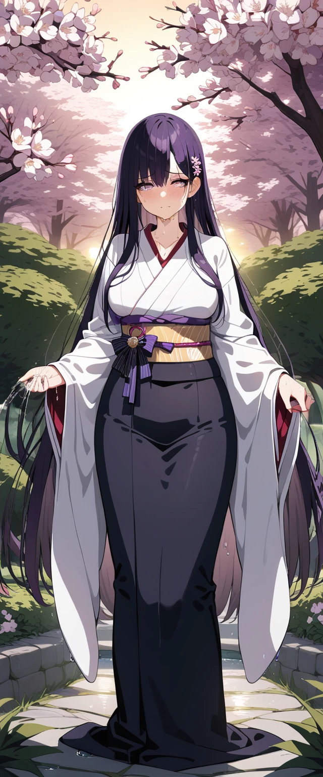 (masterpiece:1.37), best quality, (extremely detailed:1.37), (1girl:1.5), woman, (mature:1.5), (adult:1.5), large breasts, very long hair, (straight hair:1.5), (very dark purple hair:1.5), purple eyes, (extremely detailed eyes:1.37), (furisode:2.0), desperation, (wetting self:2.0), standing, embarrassed, humiliation, blushing, angry, cherry blossoms, garden, (golden hour:1.5), full body