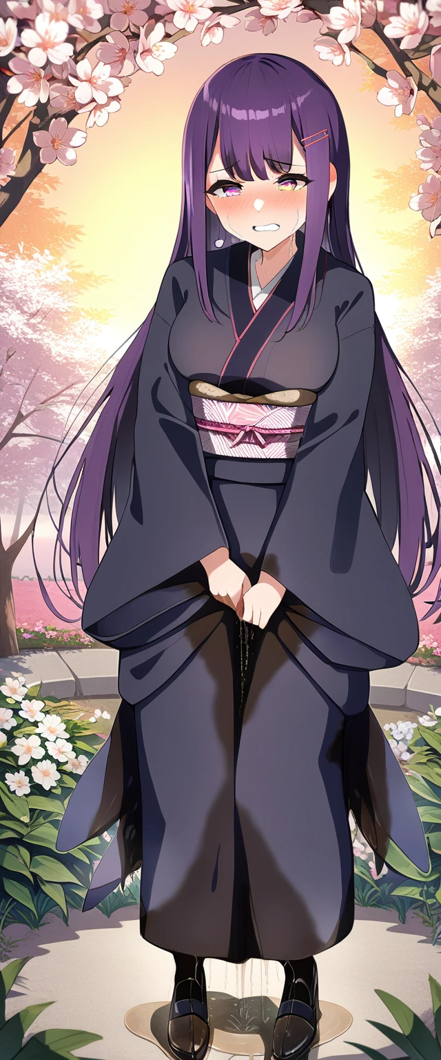 (masterpiece:1.37), best quality, (extremely detailed:1.37), (1girl:1.5), woman, (mature:1.5), (adult:1.5), large breasts, very long hair, (straight hair:1.5), (very dark purple hair:1.5), purple eyes, (extremely detailed eyes:1.37), (furisode:2.0), desperation, (wetting self:2.0), standing, embarrassed, humiliation, blushing, angry, cherry blossoms, garden, (golden hour:1.5), full body