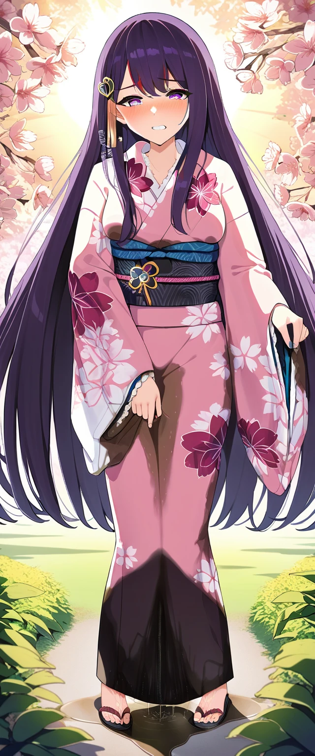(masterpiece:1.37), best quality, (extremely detailed:1.37), (1girl:1.5), woman, (mature:1.5), (adult:1.5), large breasts, very long hair, (straight hair:1.5), (very dark purple hair:1.5), purple eyes, (extremely detailed eyes:1.37), (furisode:2.0), desperation, (wetting self:2.0), standing, embarrassed, humiliation, blushing, angry, cherry blossoms, garden, (golden hour:1.5), full body
