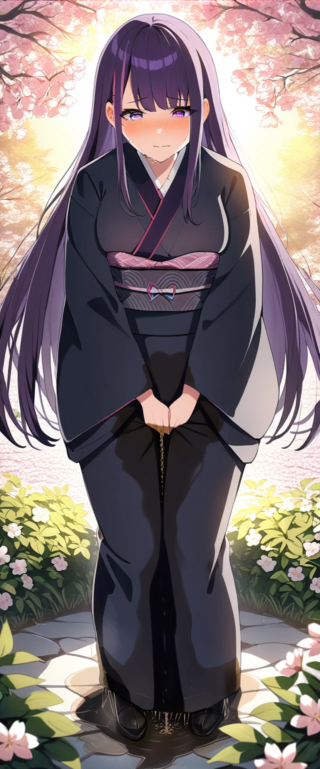 (masterpiece:1.37), best quality, (extremely detailed:1.37), (1girl:1.5), woman, (mature:1.5), (adult:1.5), large breasts, very long hair, (straight hair:1.5), (very dark purple hair:1.5), purple eyes, (extremely detailed eyes:1.37), (furisode:2.0), desperation, (wetting self:2.0), standing, embarrassed, humiliation, blushing, angry, cherry blossoms, garden, (golden hour:1.5), full body