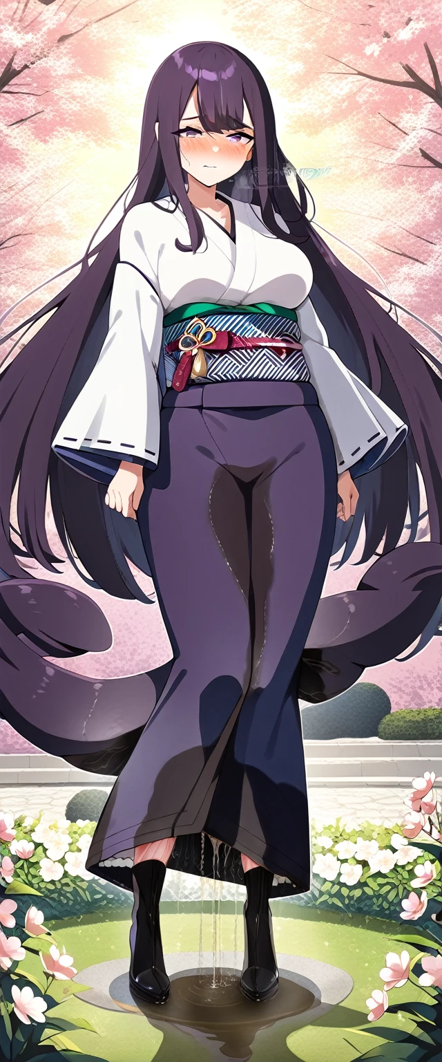 (masterpiece:1.37), best quality, (extremely detailed:1.37), (1girl:1.5), woman, (mature:1.5), (adult:1.5), large breasts, very long hair, (straight hair:1.5), (very dark purple hair:1.5), purple eyes, (extremely detailed eyes:1.37), (furisode:2.0), desperation, (wetting self:2.0), standing, embarrassed, humiliation, blushing, angry, cherry blossoms, garden, (golden hour:1.5), full body