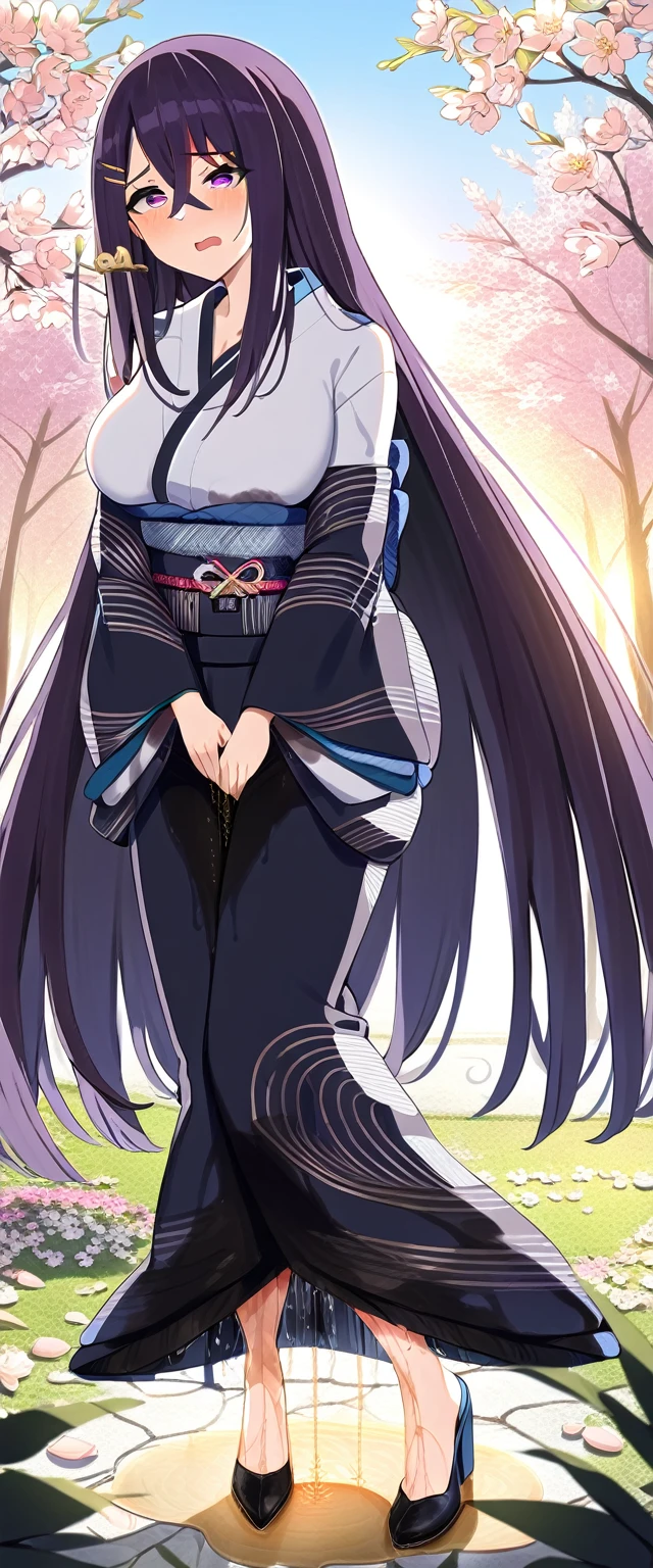 (masterpiece:1.37), best quality, (extremely detailed:1.37), (1girl:1.5), woman, (mature:1.5), (adult:1.5), large breasts, very long hair, (straight hair:1.5), (very dark purple hair:1.5), purple eyes, (extremely detailed eyes:1.37), (furisode:2.0), desperation, (wetting self:2.0), standing, embarrassed, humiliation, blushing, angry, cherry blossoms, garden, (golden hour:1.5), full body