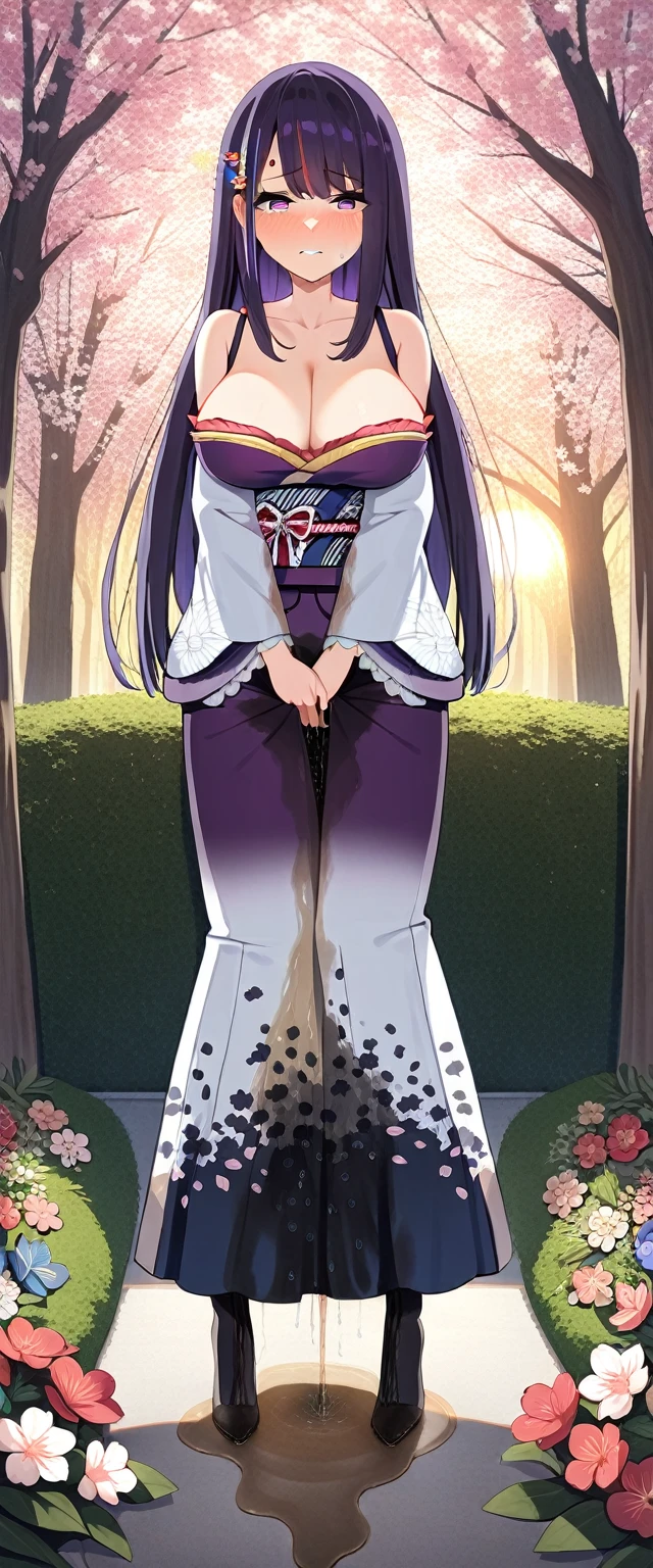 (masterpiece:1.37), best quality, (extremely detailed:1.37), (1girl:1.5), woman, (mature:1.5), (adult:1.5), large breasts, very long hair, (straight hair:1.5), (very dark purple hair:1.5), purple eyes, (extremely detailed eyes:1.37), (furisode:2.0), desperation, (wetting self:2.0), standing, embarrassed, humiliation, blushing, angry, cherry blossoms, garden, (golden hour:1.5), full body