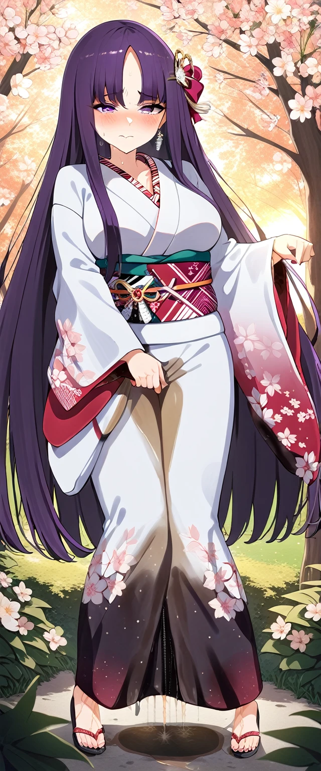 (masterpiece:1.37), best quality, (extremely detailed:1.37), (1girl:1.5), woman, (mature:1.5), (adult:1.5), large breasts, very long hair, (straight hair:1.5), (very dark purple hair:1.5), purple eyes, (extremely detailed eyes:1.37), (furisode:2.0), desperation, (wetting self:2.0), standing, embarrassed, humiliation, blushing, angry, cherry blossoms, garden, (golden hour:1.5), full body