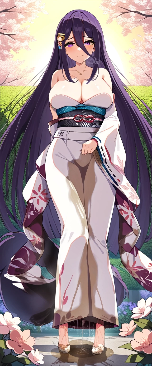 (masterpiece:1.37), best quality, (extremely detailed:1.37), (1girl:1.5), woman, (mature:1.5), (adult:1.5), large breasts, very long hair, (straight hair:1.5), (very dark purple hair:1.5), purple eyes, (extremely detailed eyes:1.37), (furisode:2.0), desperation, (wetting self:2.0), standing, embarrassed, humiliation, blushing, angry, cherry blossoms, garden, (golden hour:1.5), full body