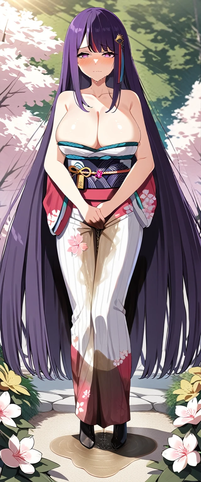 (masterpiece:1.37), best quality, (extremely detailed:1.37), (1girl:1.5), woman, (mature:1.5), (adult:1.5), large breasts, very long hair, (straight hair:1.5), (very dark purple hair:1.5), purple eyes, (extremely detailed eyes:1.37), (furisode:2.0), desperation, (wetting self:2.0), standing, embarrassed, humiliation, blushing, angry, cherry blossoms, garden, (golden hour:1.5), full body