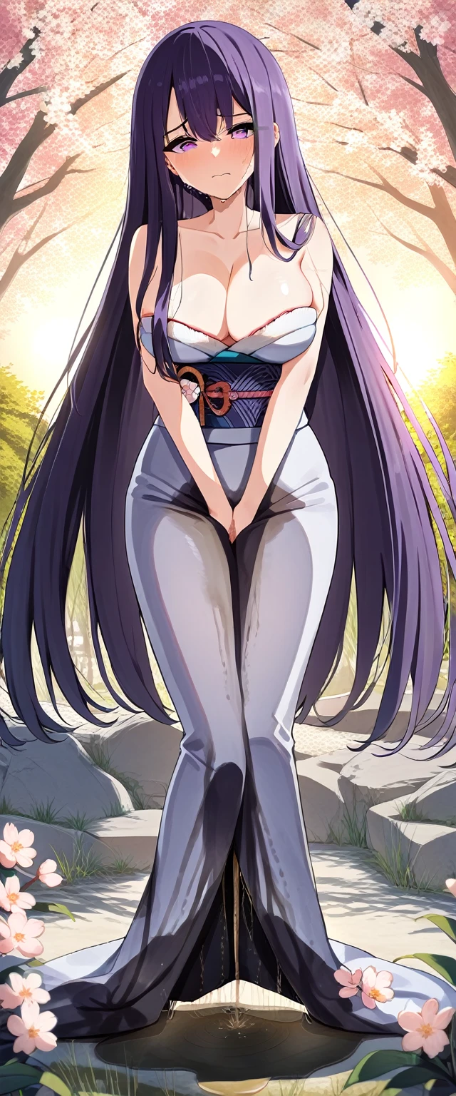 (masterpiece:1.37), best quality, (extremely detailed:1.37), (1girl:1.5), woman, (mature:1.5), (adult:1.5), large breasts, very long hair, (straight hair:1.5), (very dark purple hair:1.5), purple eyes, (extremely detailed eyes:1.37), (furisode:2.0), desperation, (wetting self:2.0), standing, embarrassed, humiliation, blushing, angry, cherry blossoms, garden, (golden hour:1.5), full body