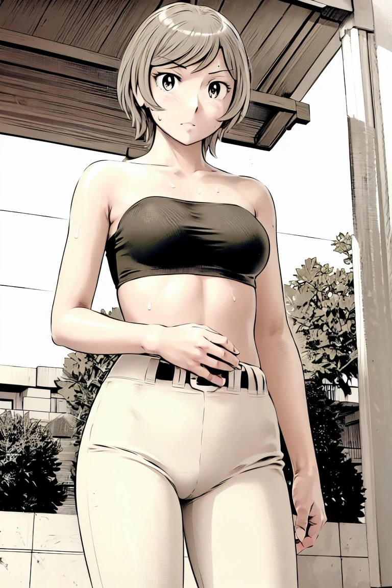 (Baseball uniforms:1.2),
blonde, (short hair:1.2),White trousers、Black belt、((Illustration of people))、Tube top bra、
View your viewers,, (Highest quality:1.3), White pants、Outdoor、baseball ground、ground、soil、blue eyeasterpiece、Highest quality)、Highest quality, Ultra-high resolution, (((masterpiece))), alone, Sweat、Big eyes、Large breasts、Torn clothes、 Fully exposed、Nipples、One Girl, Front view、Embarrassed face、Bronze colored hair、((short hair))、Stand up straight、Cowboy Shot