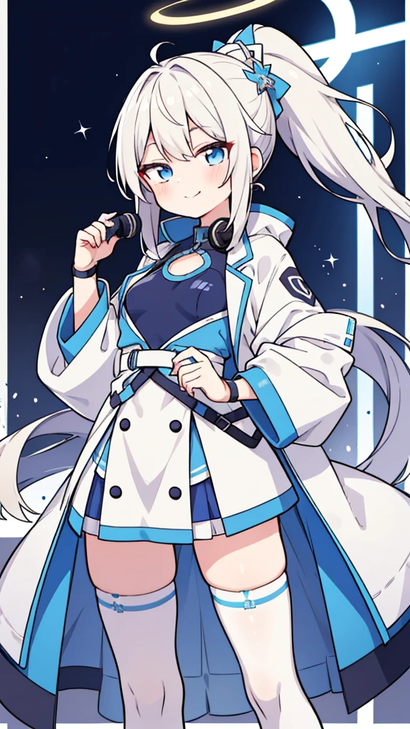 一位留着米色长发的Girl,White hair,Uniforms,gentle,Smile,Girl,Halo,Stage makeup,singer,粉色Strip dyeing,Highlights,Tights,High Ponytail,Light blue eyes,Du Qiong,grace,Anime Girl,Idol,earphone,Modern,Strip dyeing,Double tail,coat,Bodycon swimsuit