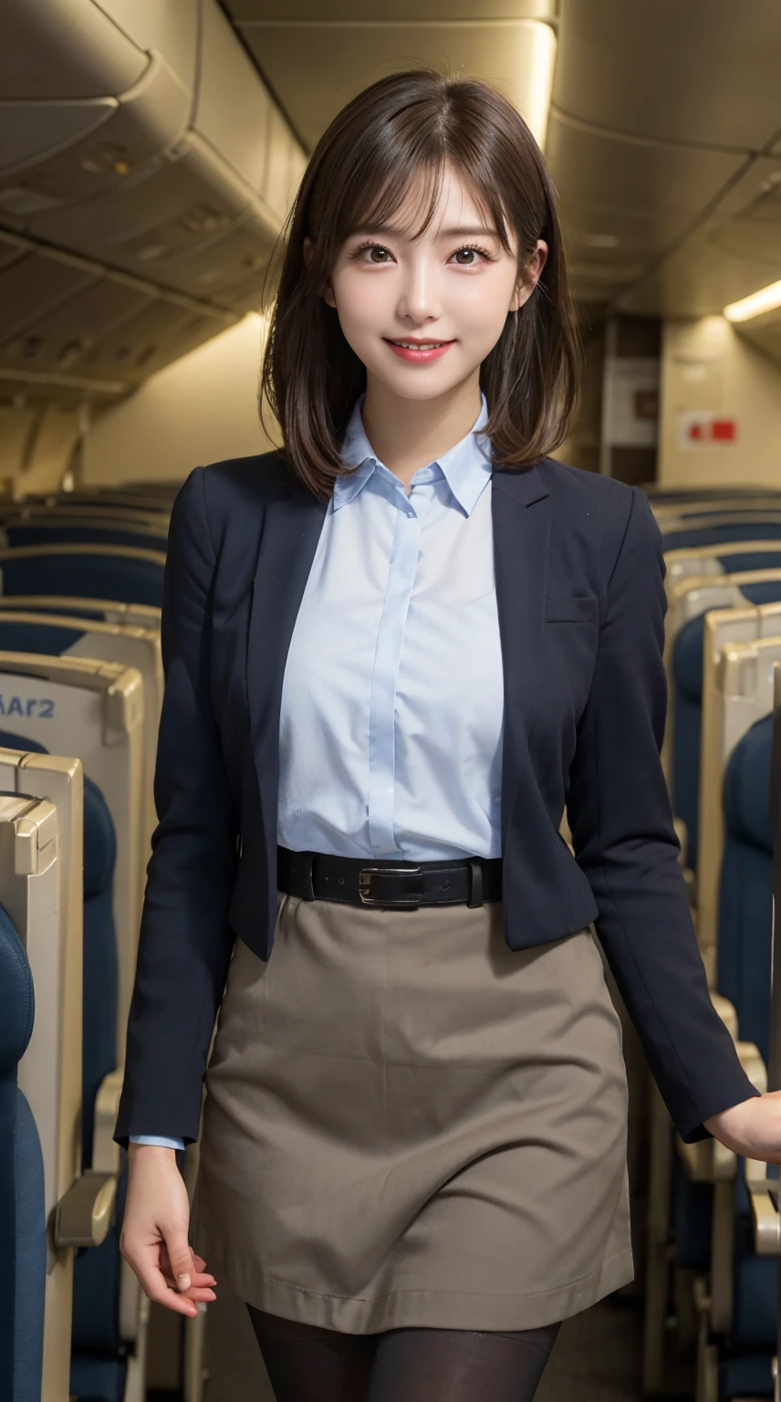 ​highest quality、8k、best image quality、Award-winning work), two beautiful women、1 women, radiant beautiful skin , masterpiece、top-quality、The ultra -The high-definition、depth of fields、lens flare 、brown hair, watching at viewers glares, medium breasts , cabin crew uniform, grey blazer,  short   skirt, (black high heels), perfect legs, model pose, view from below, smiling , flight cabin, pantyhose 
