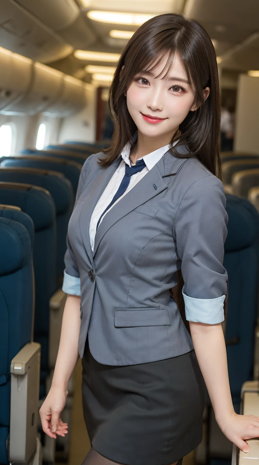highest quality、8k、best image quality、Award-winning work), two beautiful women、1 women, radiant beautiful skin , masterpiece、top-quality、The ultra -The high-definition、depth of fields、lens flare 、brown hair, watching at viewers glares, medium breasts , cabin crew uniform, grey blazer, short skirt, (black high heels), perfect legs, model pose, view from below, smiling , flight cabin, pantyhose