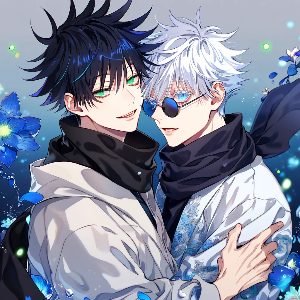 absurdres, highres, ultra detailed, HDR, master piece, Fushiguro Megumi, black hair, expressive green eyes, Gojou Satoru, white hair with bangs, white eyelashes, expressive blue eyes, black round sunglasses, Jujutsu Kaisen, two sexy man together, gay couple, yaoi, love, handsome, best quality, blue moon, flowers, fantasy, magical, water, blue shining fireflies, blue petals, black scarf, white haori, handsome smile,