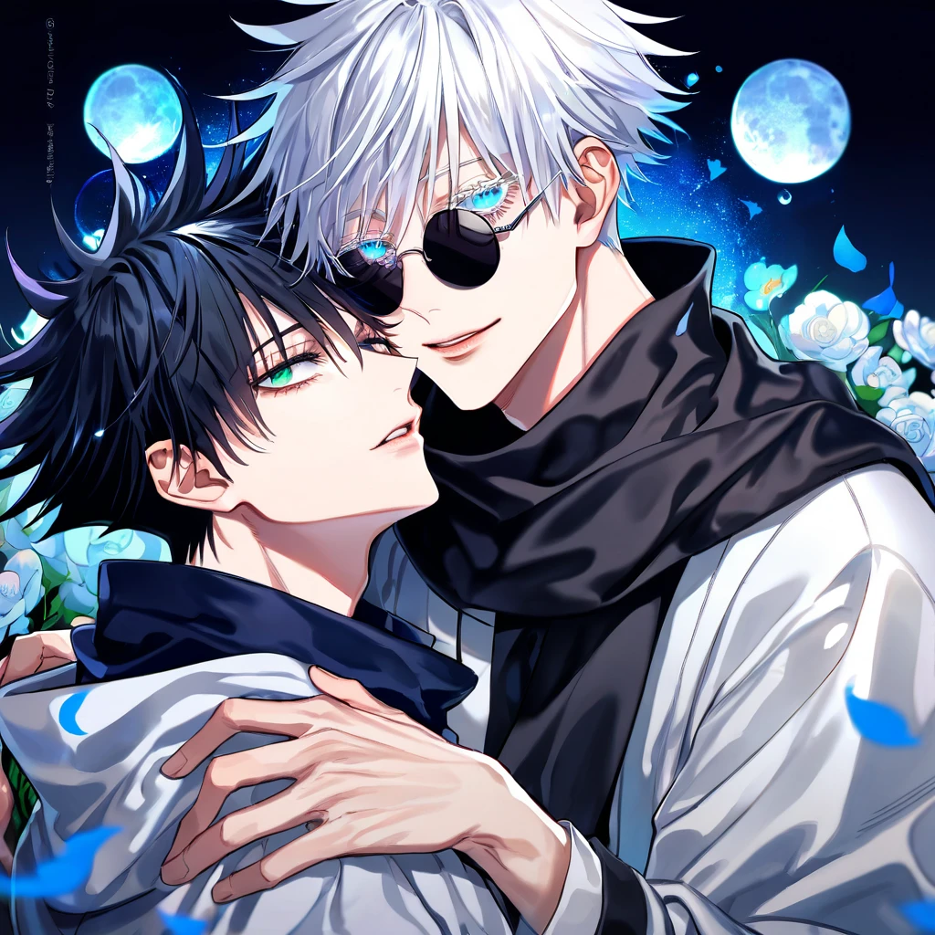absurdres, highres, ultra detailed, HDR, master piece, Fushiguro Megumi, black hair, expressive green eyes, Gojou Satoru, white hair with bangs, white eyelashes, expressive blue eyes, black round sunglasses, Jujutsu Kaisen, two sexy man together, gay couple, yaoi, love, handsome, best quality, blue moon, flowers, fantasy, magical, water, blue shining fireflies, blue petals, black scarf, white haori, handsome smile,