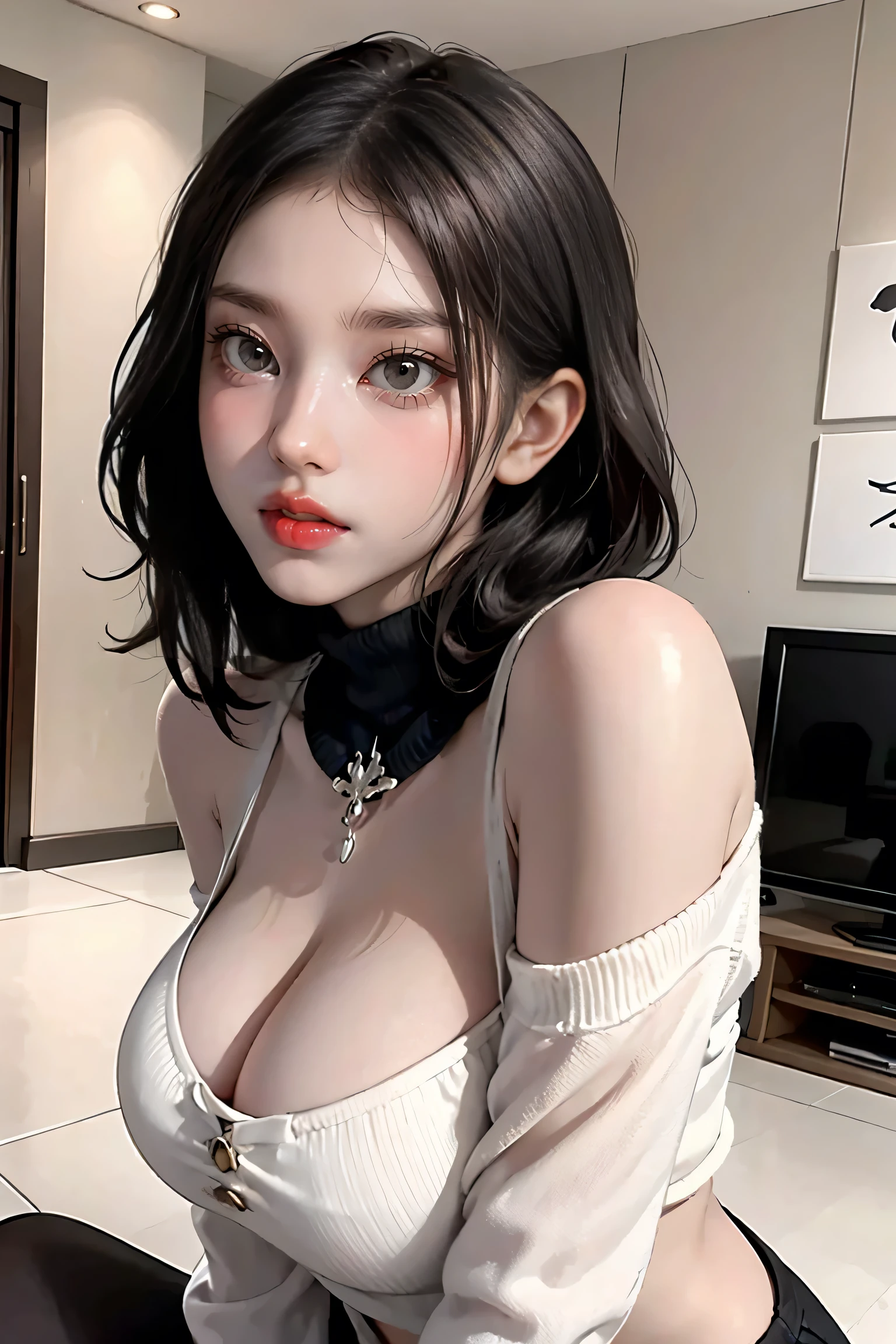 Cute Lolita, Cleavage, Protruding areola, ((Realistic Light, Highest quality, 8K, masterpiece :1.0)), Selfie, One girl, Beautiful woman with perfect body type, Abdominal muscles :1.1, (straight black short hair with bangs, Huge breasts :1), turtleneck sweater dress :1.2, Highly detailed face, Perfect hands、Perfect Fingers、Perfect breasts、Perfect Hair、Perfect Face、Perfect body、Perfect composition, Unwind at home, living room, Mansion, Expensive house, Big expensive TV, Expensive sofa, Detailed Background, Ray Tracing, Unreal Engine, Highest resolution hyperrealism,Model-like style