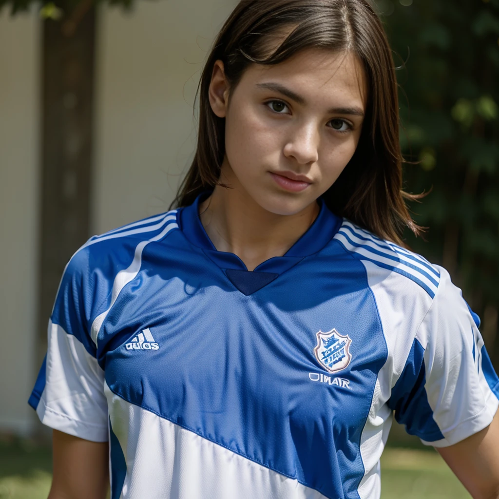 Soccer player blue and white shirt