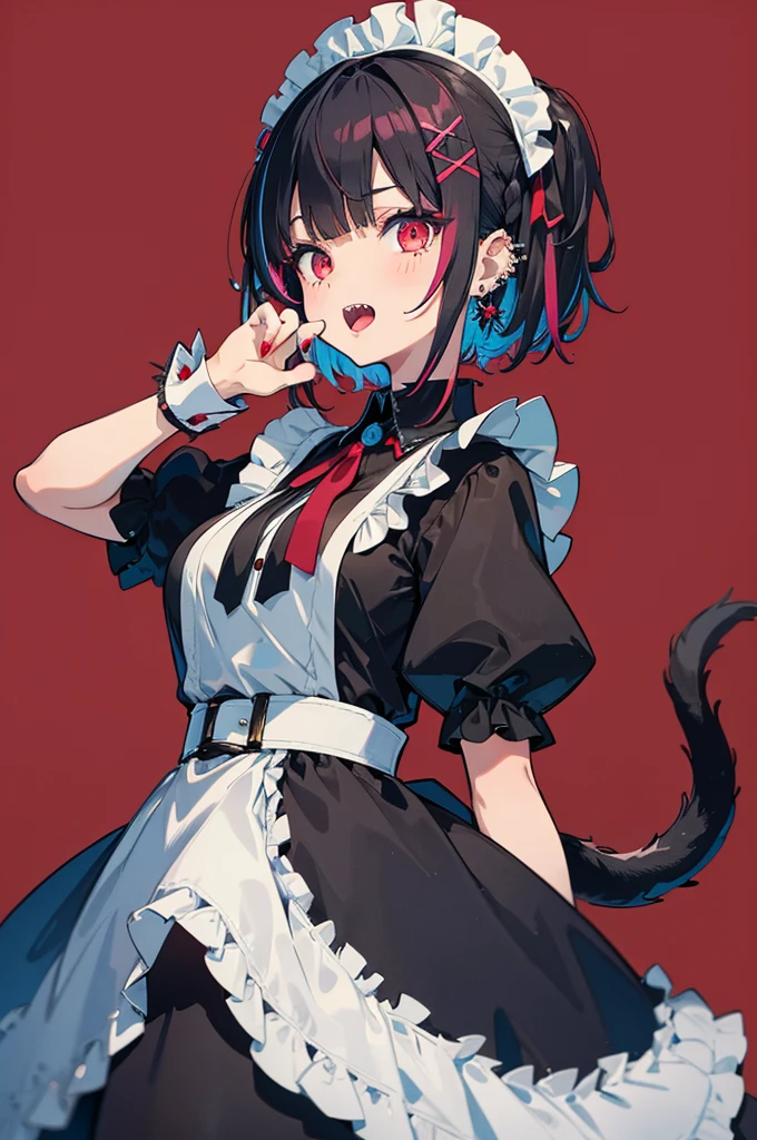 1girl, solo, breasts, looking at viewer, blush, short hair, open mouth, bangs, large breasts, simple background, black hair, hair ornament, red eyes, dress, jewelry, tail, pink hair, short sleeves, multicolored hair, earrings, frills, teeth, tongue, puffy sleeves, belt, nail polish, mole, apron, black dress, two-tone hair, puffy short sleeves, wrist cuffs, maid, maid headdress, mole under eye, v, piercing, from below, frilled dress, x hair ornament, sharp teeth, ear piercing, white apron, red nails, red background, maid apron, colored inner hair