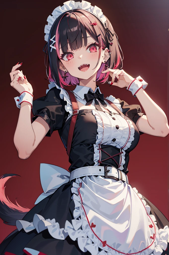 1girl, solo, breasts, looking at viewer, blush, short hair, open mouth, bangs, large breasts, simple background, black hair, hair ornament, red eyes, dress, jewelry, tail, pink hair, short sleeves, multicolored hair, earrings, frills, teeth, tongue, puffy sleeves, belt, nail polish, mole, apron, black dress, two-tone hair, puffy short sleeves, wrist cuffs, maid, maid headdress, mole under eye, v, piercing, from below, frilled dress, x hair ornament, sharp teeth, ear piercing, white apron, red nails, red background, maid apron, colored inner hair