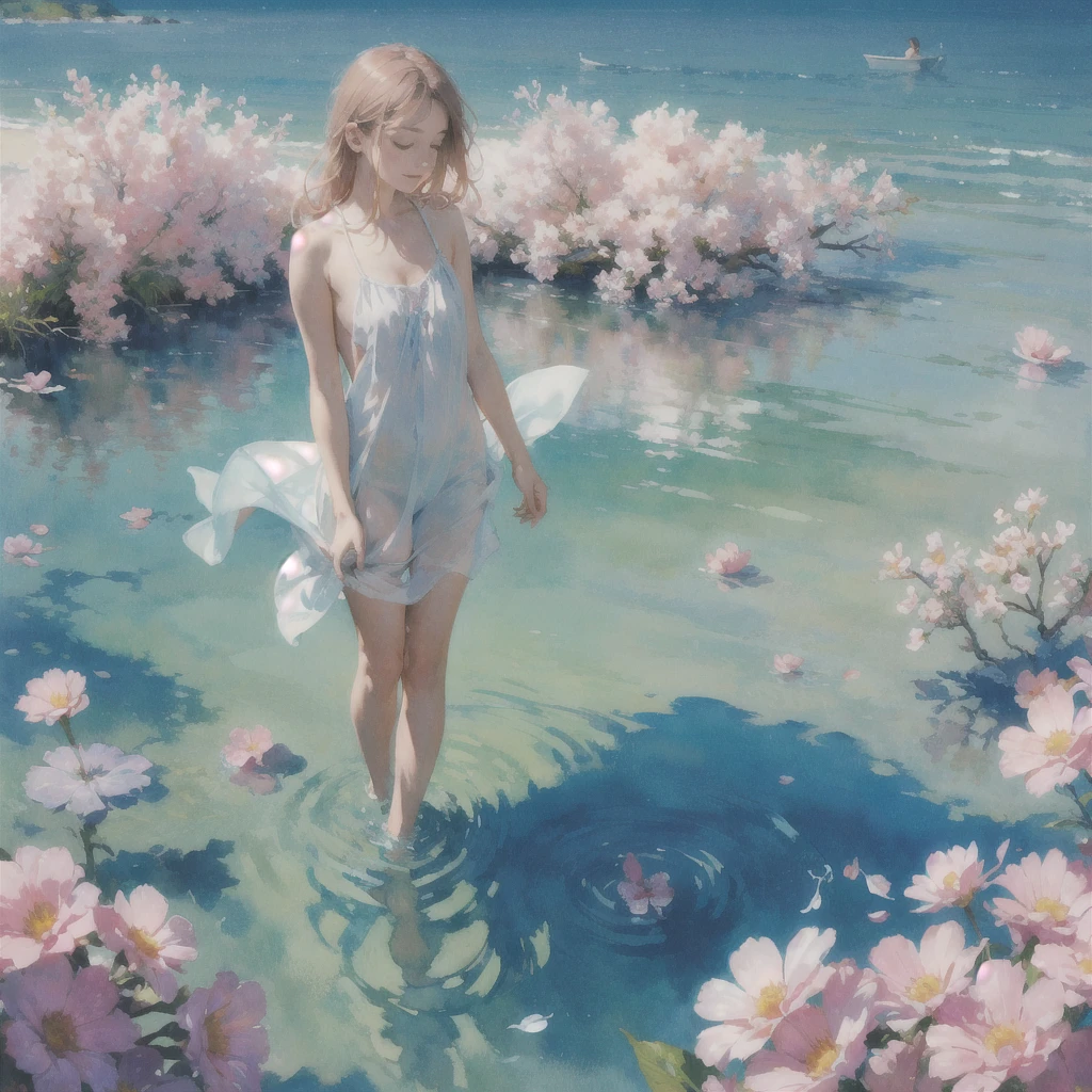 Tranquil voyager girl, Surrealism, in watercolor style, Photorealism, discreet pink and mint shades, barefoot, music, nudity, Flowers in the water, view from above