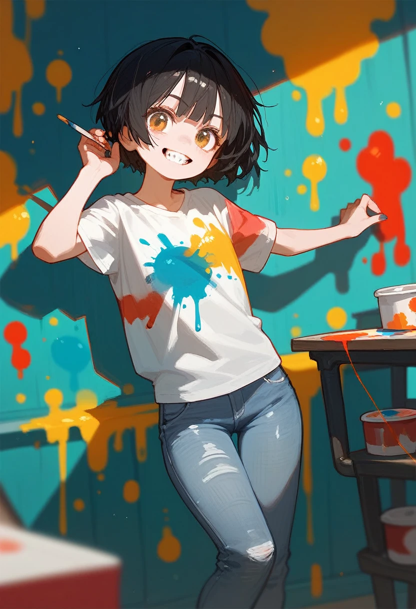 Tsunagi work clothes with jeans fabric with paint, long black hair and shaggy cut girl, jagged teeth, cutehighly detailed