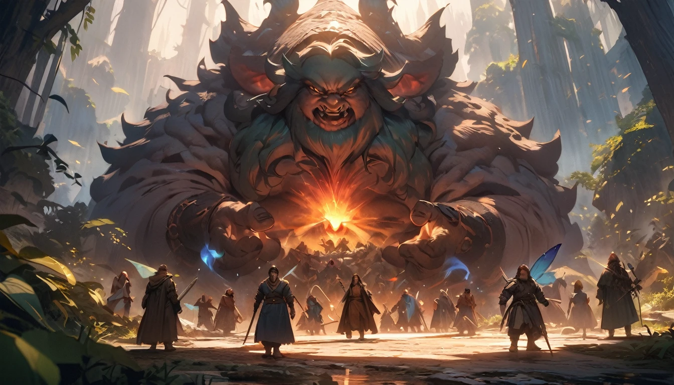 (masterpiece:1.4), (Highest quality:1.4), Very detailed, Complex, Very detailed, shape,Soft lighting, Scenic, Brandishing a Sword, A face full of fighting spirit, Spirit, More than one person, Mixed gender, a group of adventurers, character from RPG games, (character: human, Fairy, Fairy, Dwarf, The Hobbit), (exterior: Swordsman Style, Shaman Style, Monk Style, Magician style), (belongings: Long sword, dagger, Holy Staff, Magic wand, shield, metal armor, Leather Armor), Perfectly accurate anatomical shape、All limbs intact、Perfect full finger, Colorful characters, Fight demons, Huge, Majestic, Fighting Hero, Uplifting expressions, In the dark forest.