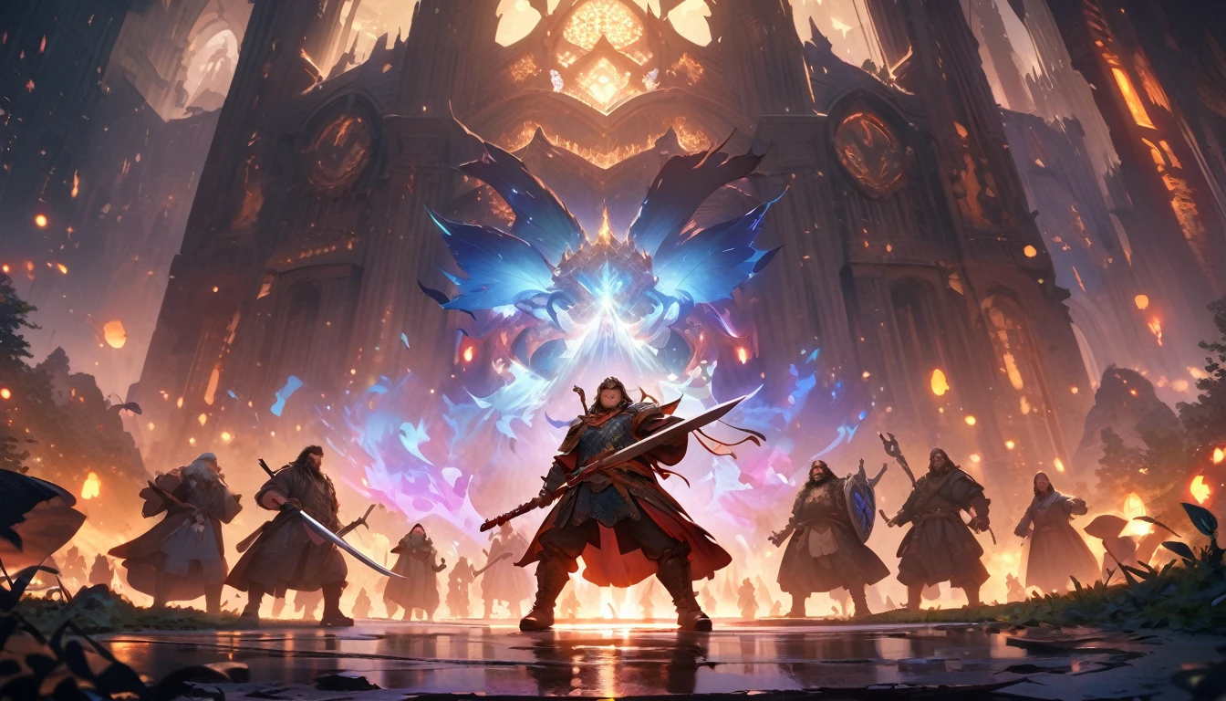 (masterpiece:1.4), (Highest quality:1.4), Very detailed, Complex, Very detailed, shape,Soft lighting, Scenic, Brandishing a Sword, A face full of fighting spirit, Spirit, More than one person, Mixed gender, a group of adventurers, character from RPG games, (character: human, Fairy, Fairy, Dwarf, The Hobbit), (exterior: Swordsman Style, Shaman Style, Monk Style, Magician style), (belongings: Long sword, dagger, Holy Staff, Magic wand, shield, metal armor, Leather Armor), Perfectly accurate anatomical shape、All limbs intact、Perfect full finger, Colorful characters, Fight demons, Huge, Majestic, Fighting Hero, Uplifting expressions, In the dark forest.