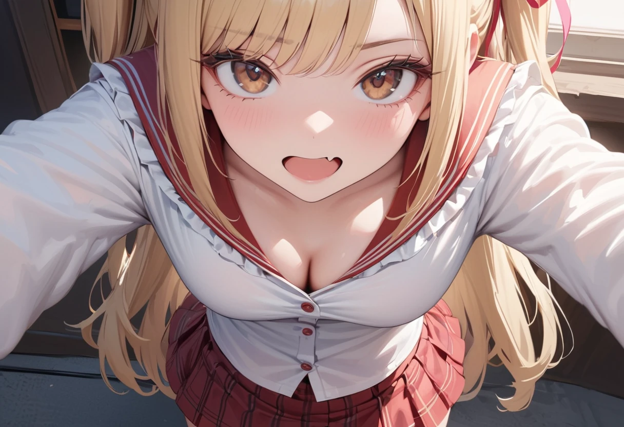 You are a male viewer, you actually see reality from your perspective and you lick a girl's ear. She loves you.(Masterpiece, Super realistic, Super details, Super Highest Quality, Super Highest Quality), super cute and beautiful girl, You are male professional photographer, Japanese gal, For dark brown eyes, Blonde yellow hair, Pink ribbon, gal make-up, False eyelashes, Pearl pink lips, Unbuttoned out Hemmed sailor red open collared open front white shirt, (Very thin shirt:1.3), beautiful side face focus, big open mouth, (brown eyes:1.4), big round chest, BREAK, (Half down two side up blonde very long hair style:1.4), (Wider at the hem flabby large in size Super Loose Socks:1.4), An innocent , (skin fang:1.2), realistic cute Japanese girl, standing pose, wear white unbuttoned shirt, low-rise pleated plaid micro mini skirt, Japanese cute girls, long hair, blonde hair, two side up, hair ribbon, pink ribbon, frills, opened sailor collar, necktie, white shirt, long sleeves, red skirt, from behind POV, (shirt trimmed with white frills:1.4), She arches her back very much, from above, Chin up close face focus,