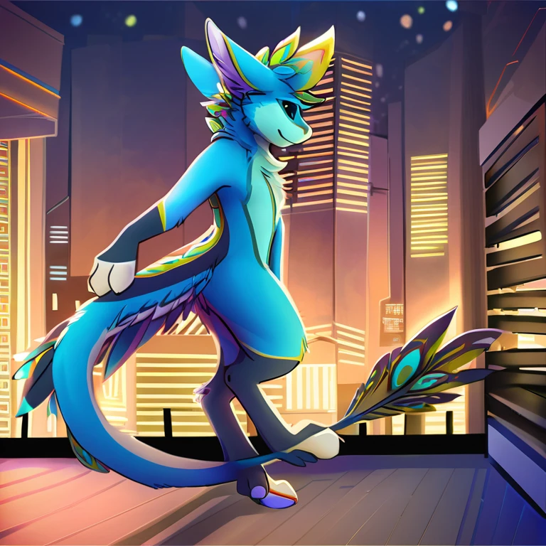 Solo, male, furry art, fursona, Avali, (((Cyan primary fur))), white secondary, (perky ears), cool pose, city background, amazing art, masterfully executed, beautiful background, normal body, paws , avali , wings , feathers , better face, better eyes.