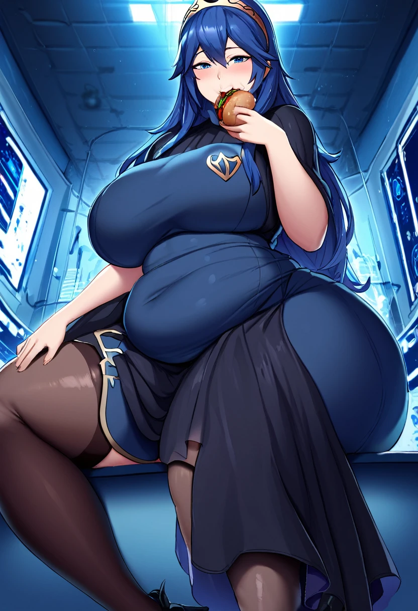 Lucina from Fire Emblem Awakening, girl fat, obese body, bigger belly, bigger ass, bigger breast, large thighs, wide hips, sexy, stockings, blue and redhair, short night dress, laboratory, day, dark dress, black dress, black stockings, black and black shoes, sitting, eating hamburgers, hamburguers, (Masterpiece:1.2), best quality, high resolution, beautifully detailed, extremely detailed, perfect lighting,