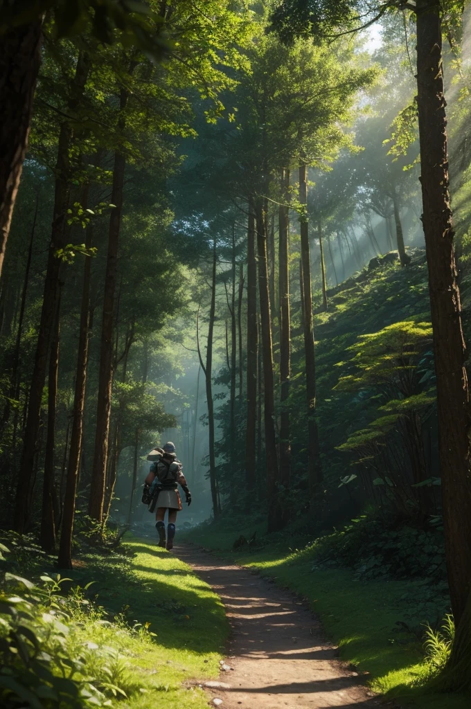 In a land immersed in shadows in a forest setting, a mysterious character walks. platform format, pixelated and in cartoon format.