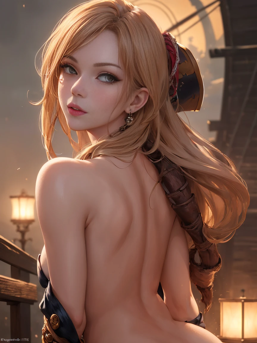 (masterpiece, 最high quality:1.4), (pirate ship), (From the back:1), (One girl), (alone), (head to waist photo) , Nami from One Piece, hyperRealistic, Skin with attention to detail, Digital SLR, Soft lighting, high quality, Highly detailed face, Highly detailed eyes, Highly detailed skin, Skin pores, Scattered beneath the surface, Apply blush all over the face, Highly detailed face, Highly detailed eyes, Beautiful Face, Fuller lips, Detailed Background, Depth of written boundary, Volumetric lighting, Sharp focus, Realistic proportions, Excellent anatomy, (Realistic, hyperRealistic:1.4), 16k hdr, Dawn