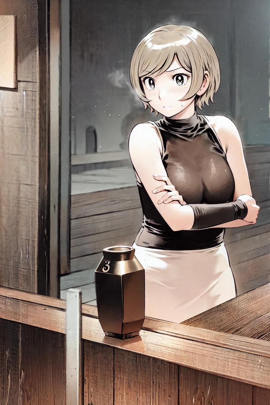 、(masterpiece、Highest quality)、Highest quality, Ultra-high resolution, (((masterpiece))), alone, Sweat、Big eyes, Sleeveless、Outdoor、Floral Dress、Composition from the front、（後ろCut your hair short、short hair、blonde、woman）、Shortcuts、Embarrassed face、Cut your hair short、可愛いwomanの子、Big Breasts、Browsing Caution