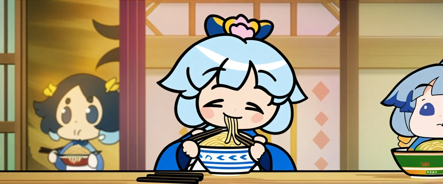 Anime girl eating ramen with chopsticks, Best anime 4k konachan wallpaper, Anime Moe Art Style, Cute girl anime visuals, Eat noodles, Gwaiz, Cute anime waifu in a nice dress, Anime Style 4k, Ayaka Genshin Impact, artwork in the style of Gwaiz, Half Yamada, Cute Anime Girl