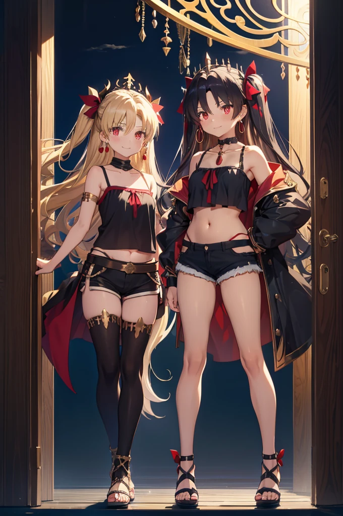 ereshkigal (fate), ishtar (fate), long hair, breasts, looking at viewer, smile, bangs, multiple girls, blonde hair, black hair, red eyes, ribbon, navel, 2girls, bare shoulders, jewelry, closed mouth, collarbone, full body, hair ribbon, earrings, shorts, midriff, high heels, red ribbon, two side up, crop top, parted bangs, short shorts, siblings, blue background, sandals, tiara, sisters, camisole, hoop earrings, white shorts, spaghetti strap