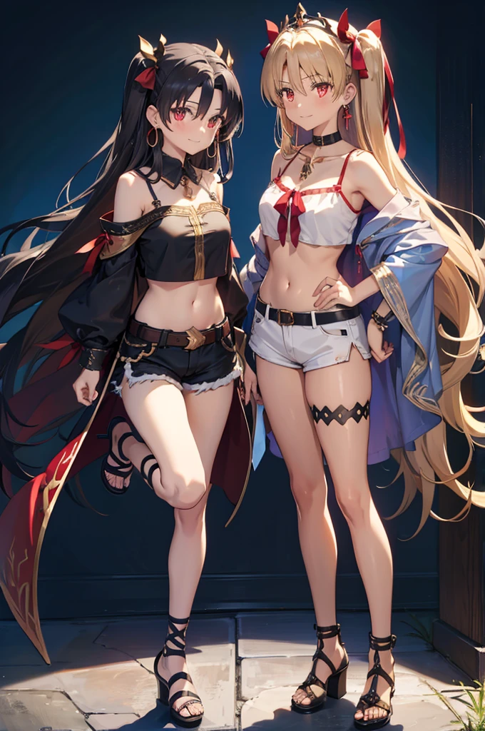 ereshkigal (fate), ishtar (fate), long hair, breasts, looking at viewer, smile, bangs, multiple girls, blonde hair, black hair, red eyes, ribbon, navel, 2girls, bare shoulders, jewelry, closed mouth, collarbone, full body, hair ribbon, earrings, shorts, midriff, high heels, red ribbon, two side up, crop top, parted bangs, short shorts, siblings, blue background, sandals, tiara, sisters, camisole, hoop earrings, white shorts, spaghetti strap